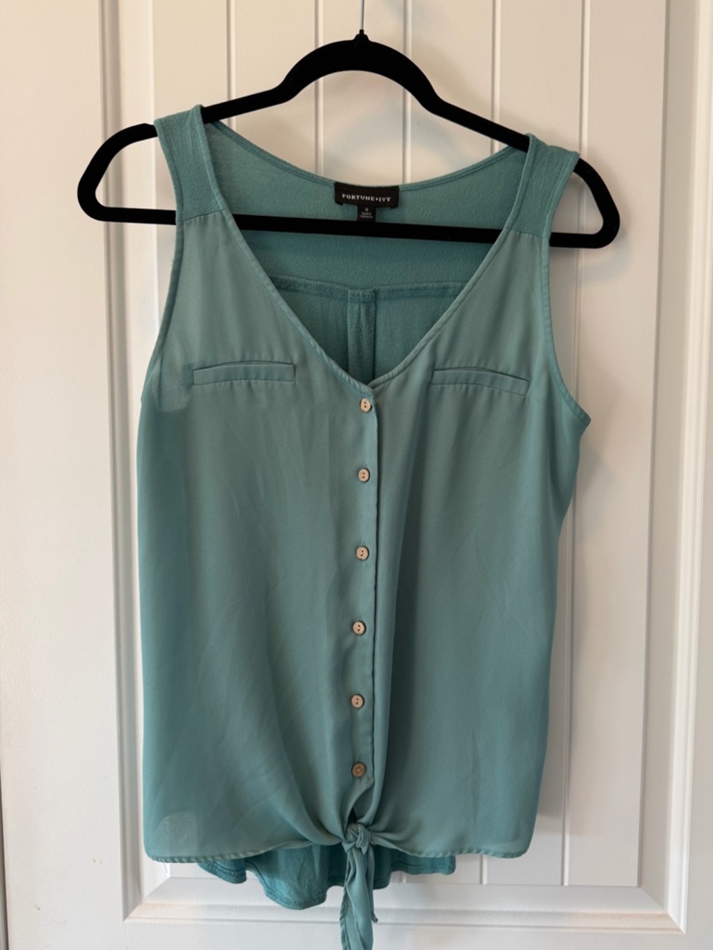 Teal Tie-Front Sleeveless Button Tank